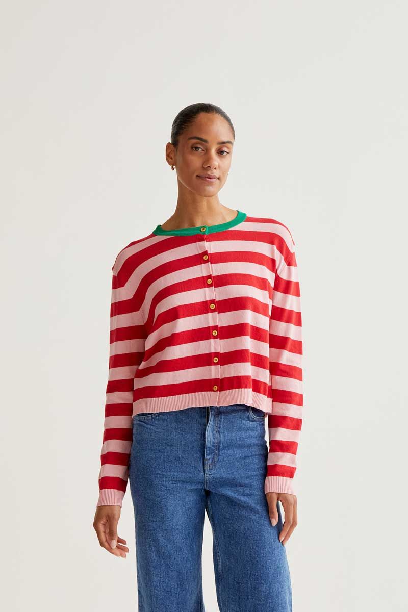 Soft Knit Cardigan With Pink And Red Striped Print