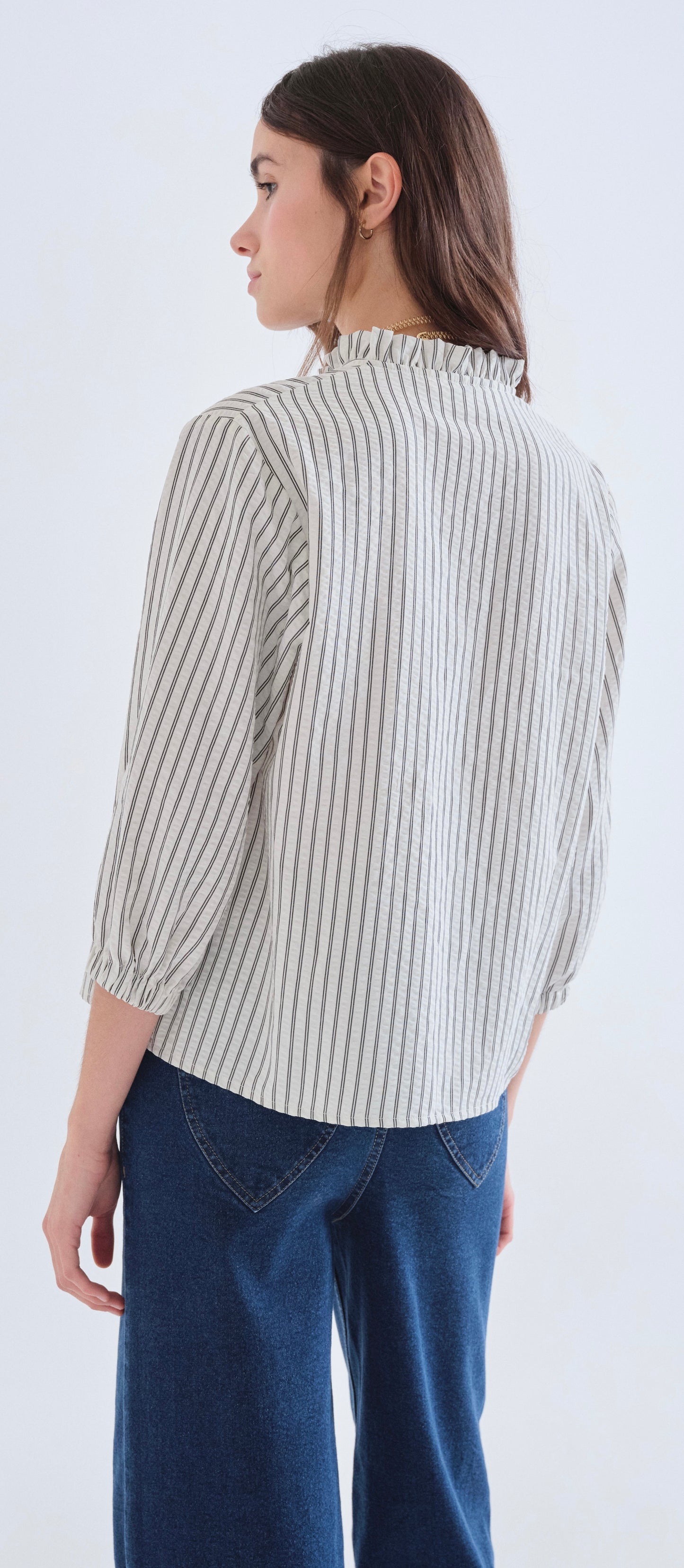 Black Striped Shirt with Ruffle Detail