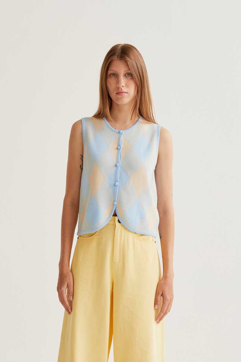 Blue check print knit top