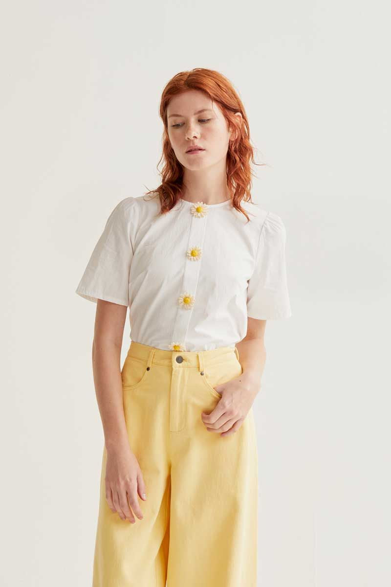 100% Cotton Top With Floral Buttons