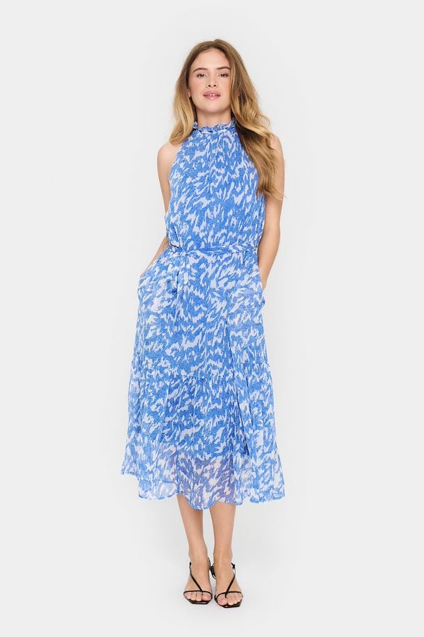 Midi Sleeveless Blue Printed Halter Dress