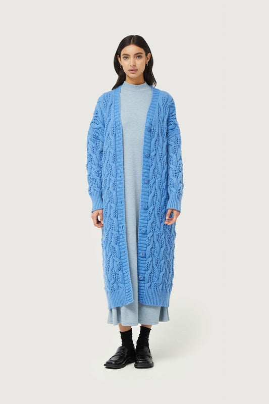 Long Blue Braided Knitted Cardigan