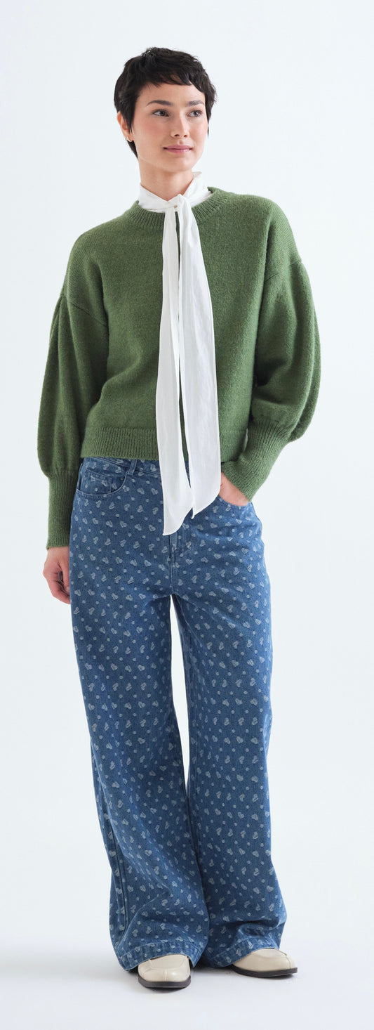 Basic Long Sleeve Sweater with Green Knit