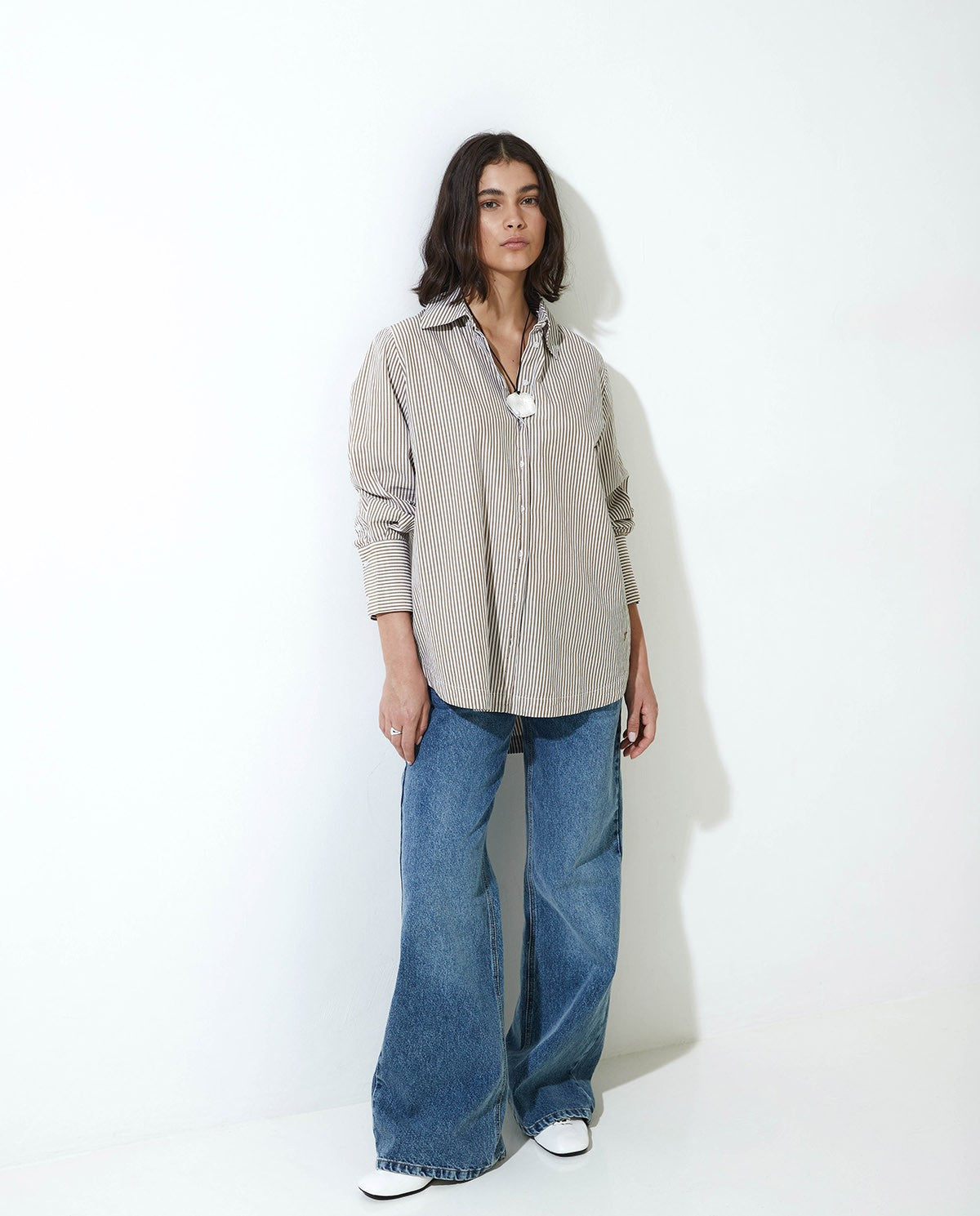 Camel Striped Organic-Cotton Poplin Shirt