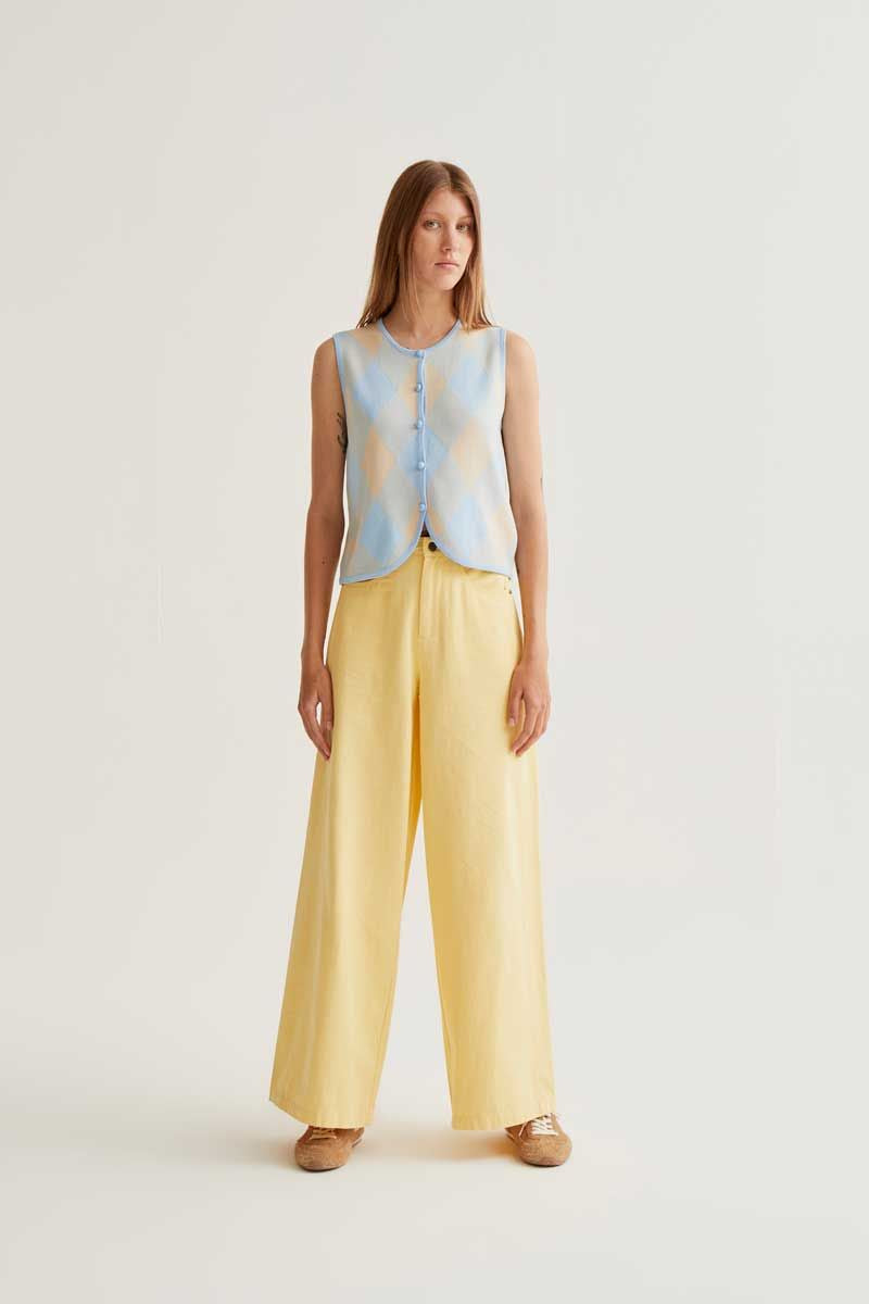 Blue check print knit top