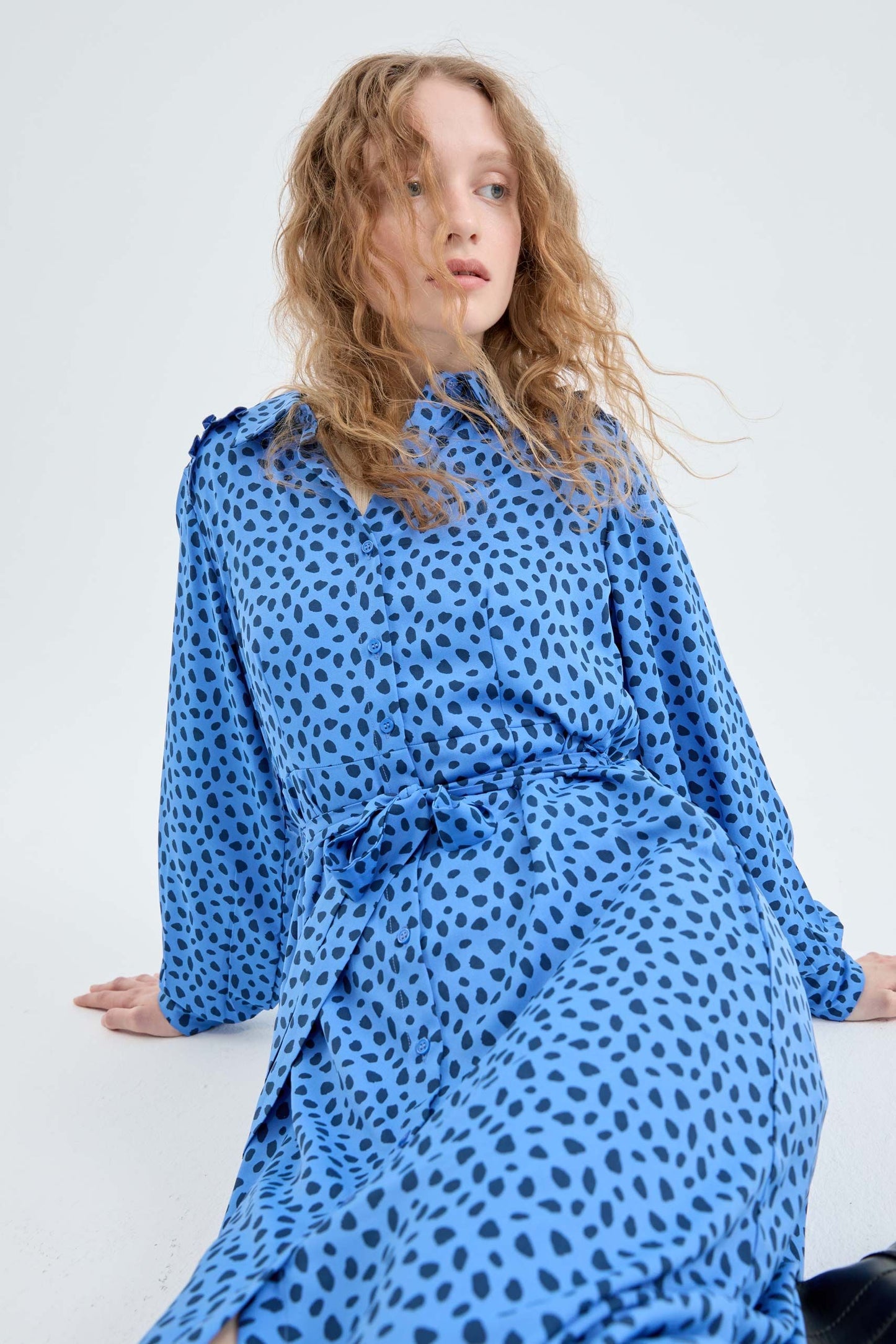 Blue polka dot midi shirt dress