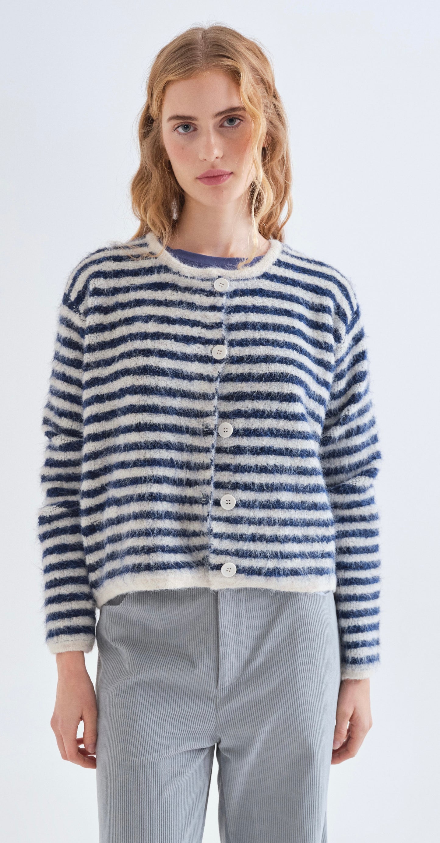 White and Blue Striped Cardigan