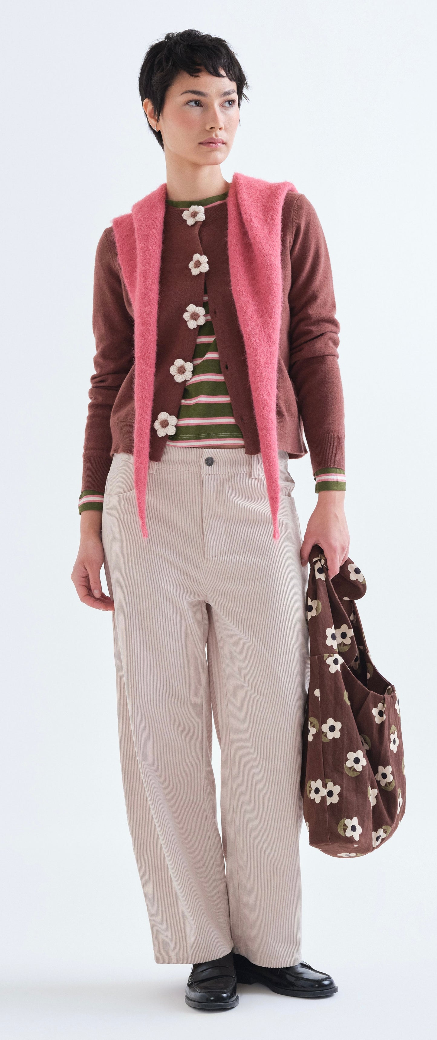 Brown Knit Cardigan with Floral Buttons