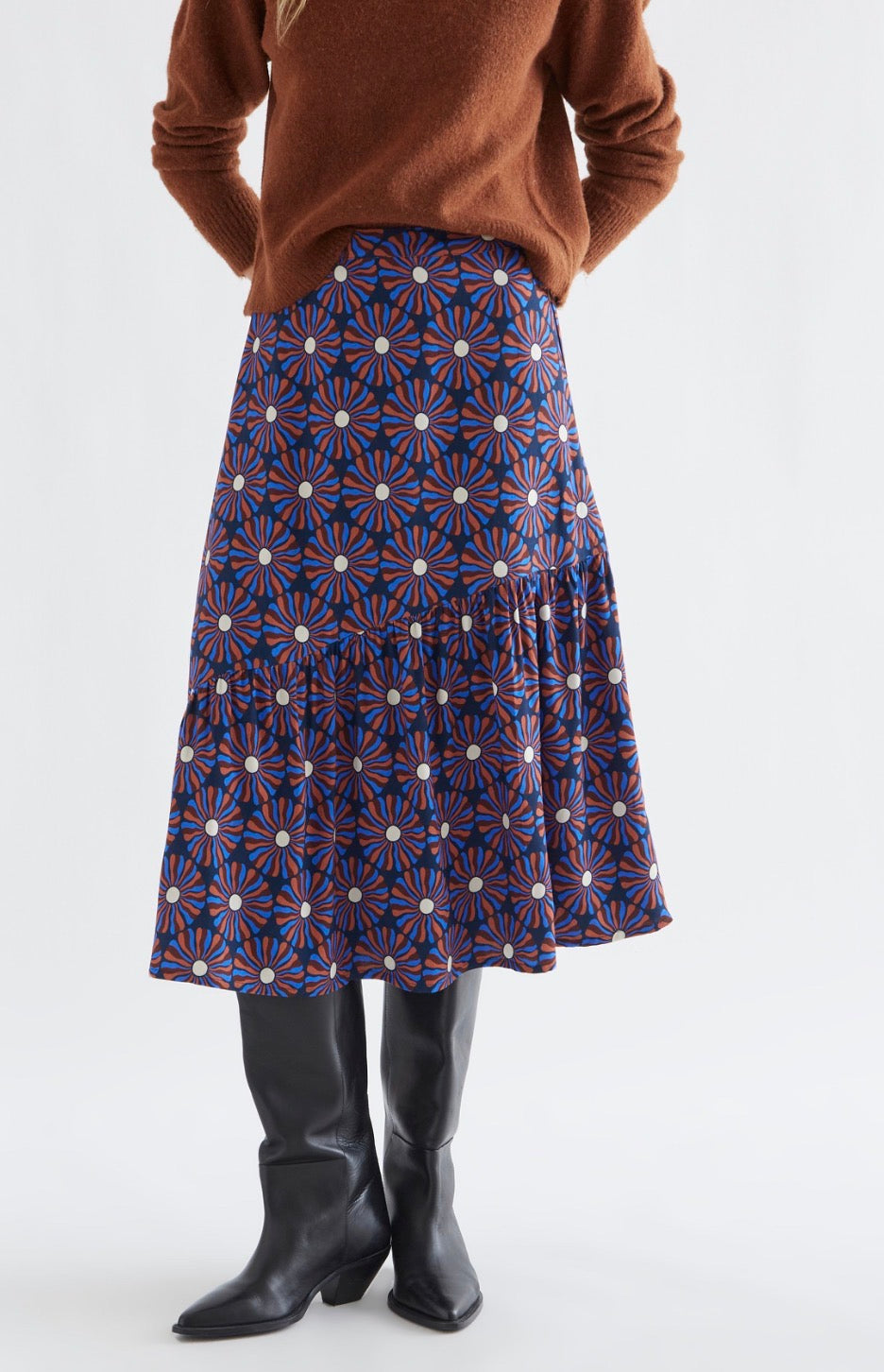 Chocolate Flower Print Midi Skirt