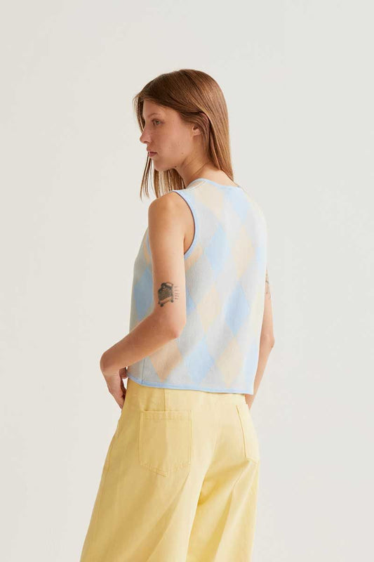 Blue check print knit top