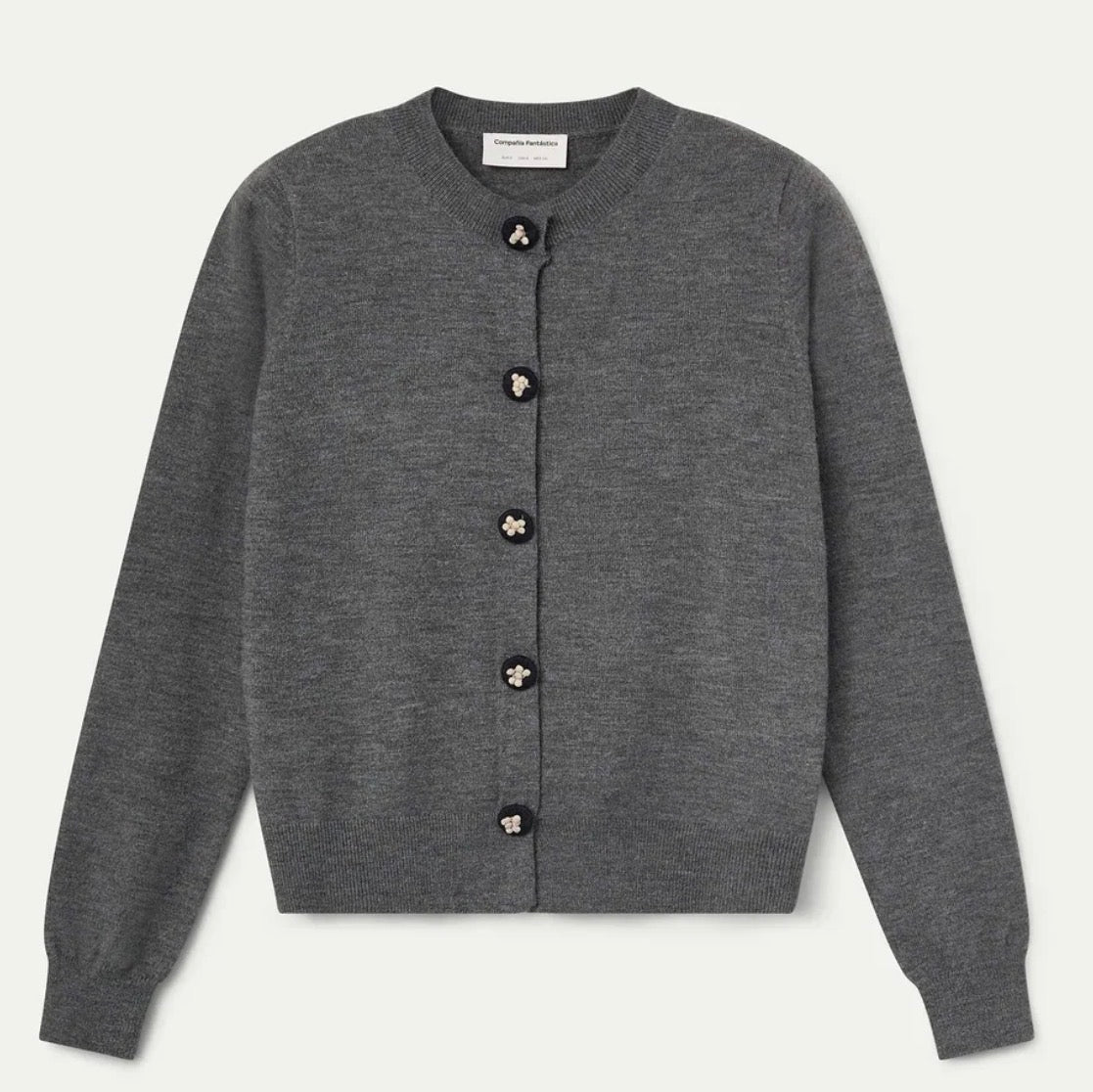 Grey Cardigan with Black Floral Buttons
