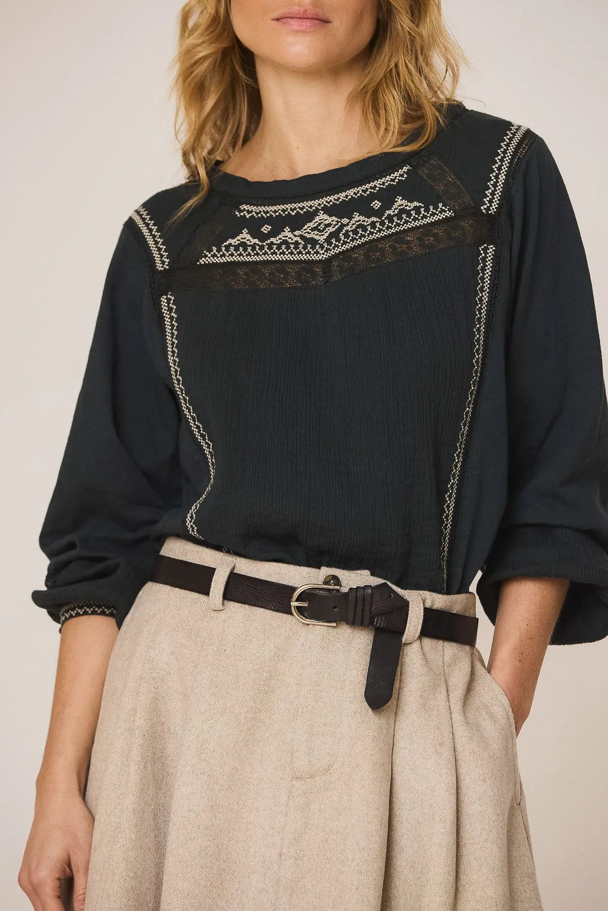 Combination Blouse With Contrast Embroidery