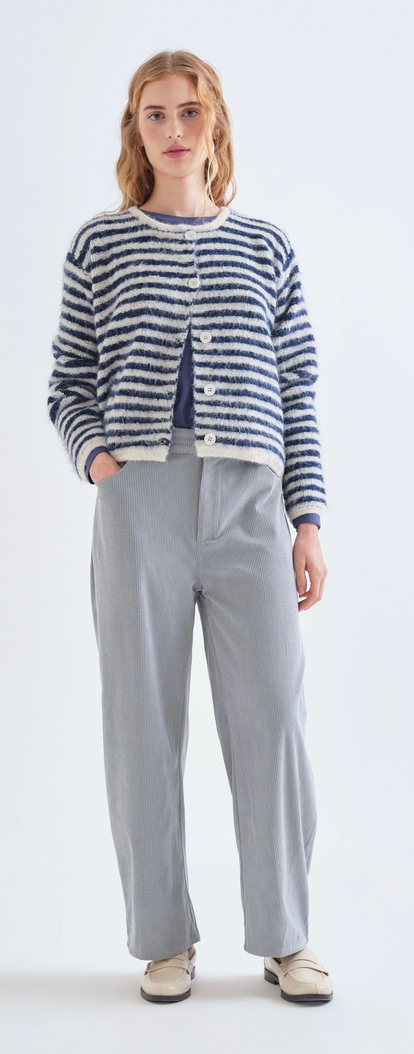 White and Blue Striped Cardigan