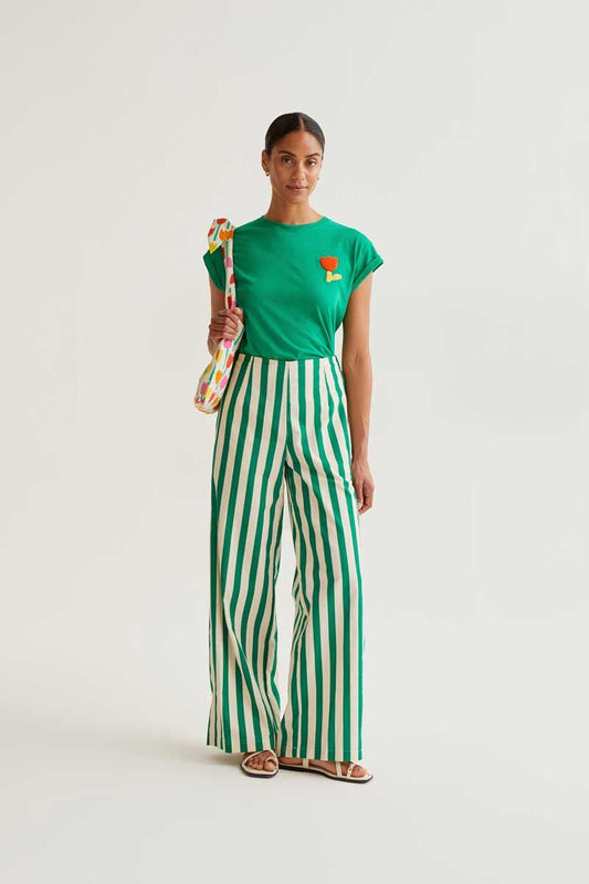 Green T-shirt with red tulip embroidery