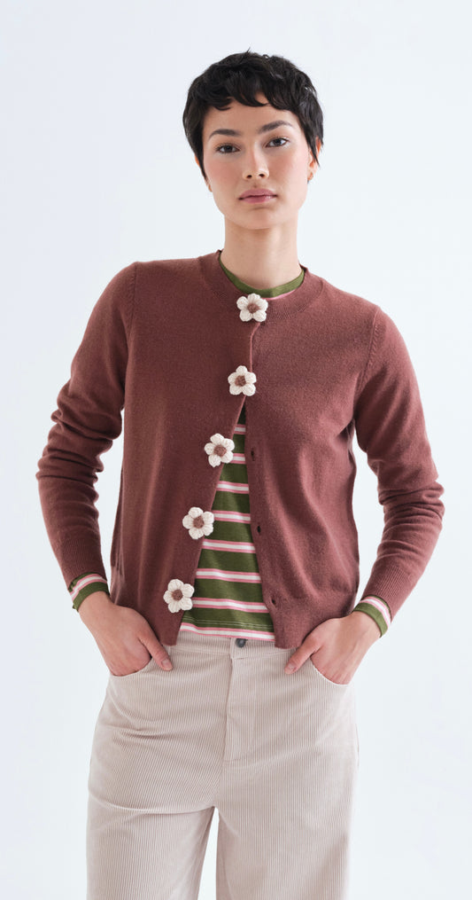 Brown Knit Cardigan with Floral Buttons