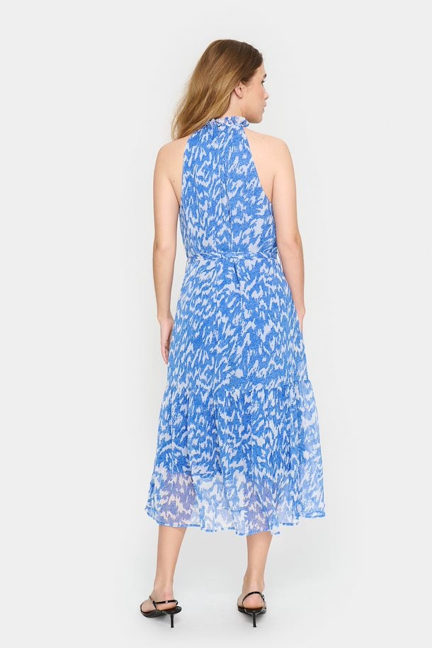 Midi Sleeveless Blue Printed Halter Dress