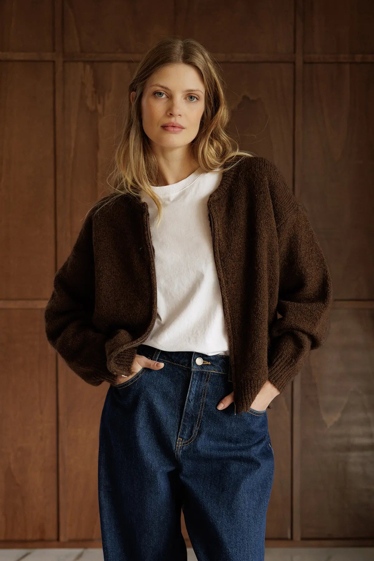 Brown Bomber-Style Cardigan With Mohair
