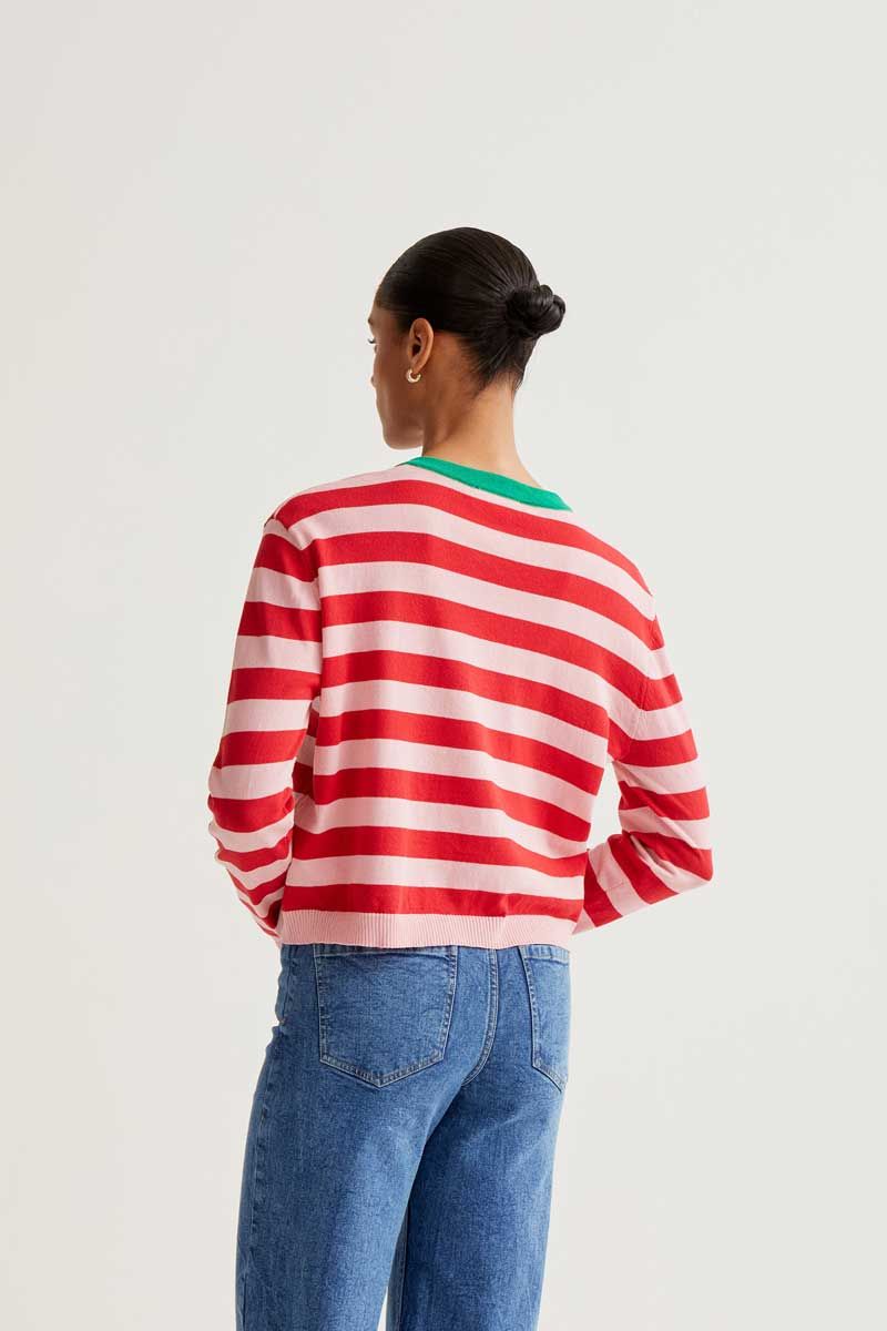 Soft Knit Cardigan With Pink And Red Striped Print
