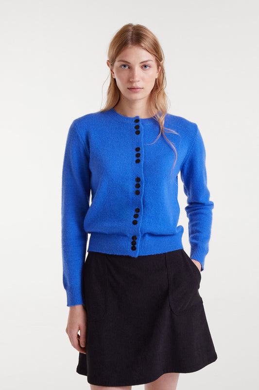 Blue Knit Cardigan with Velvet Details