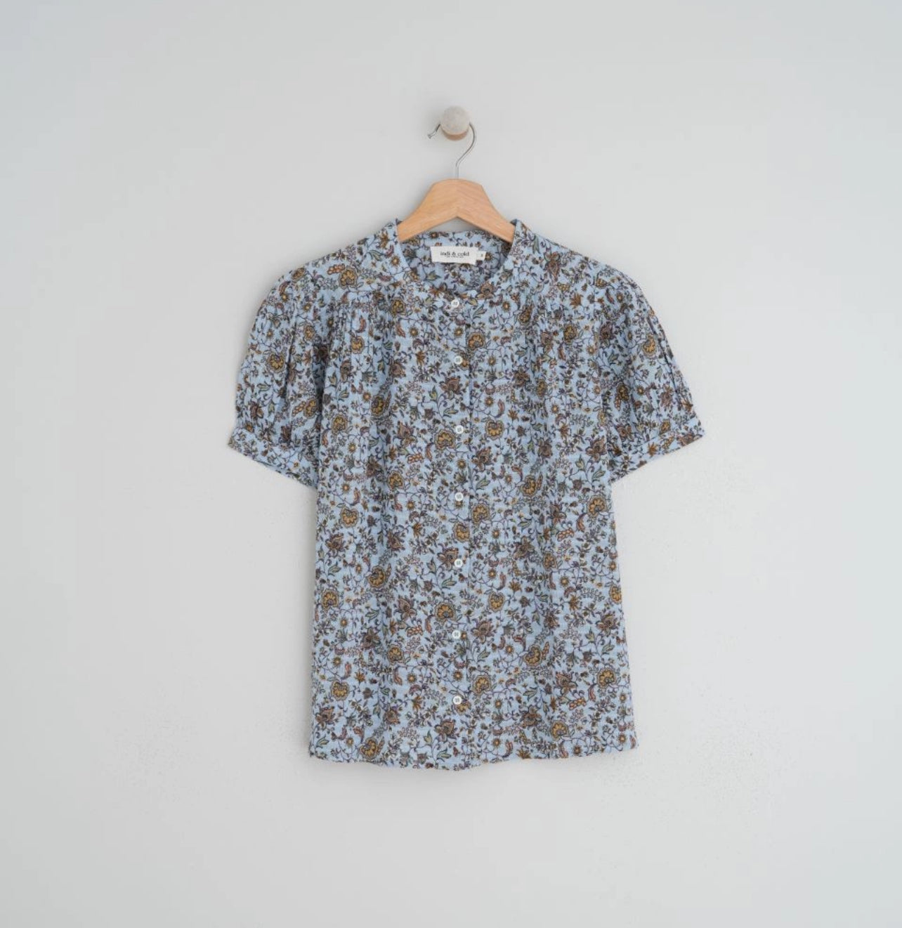 Balloon-Sleeve Blue Floral Shirt