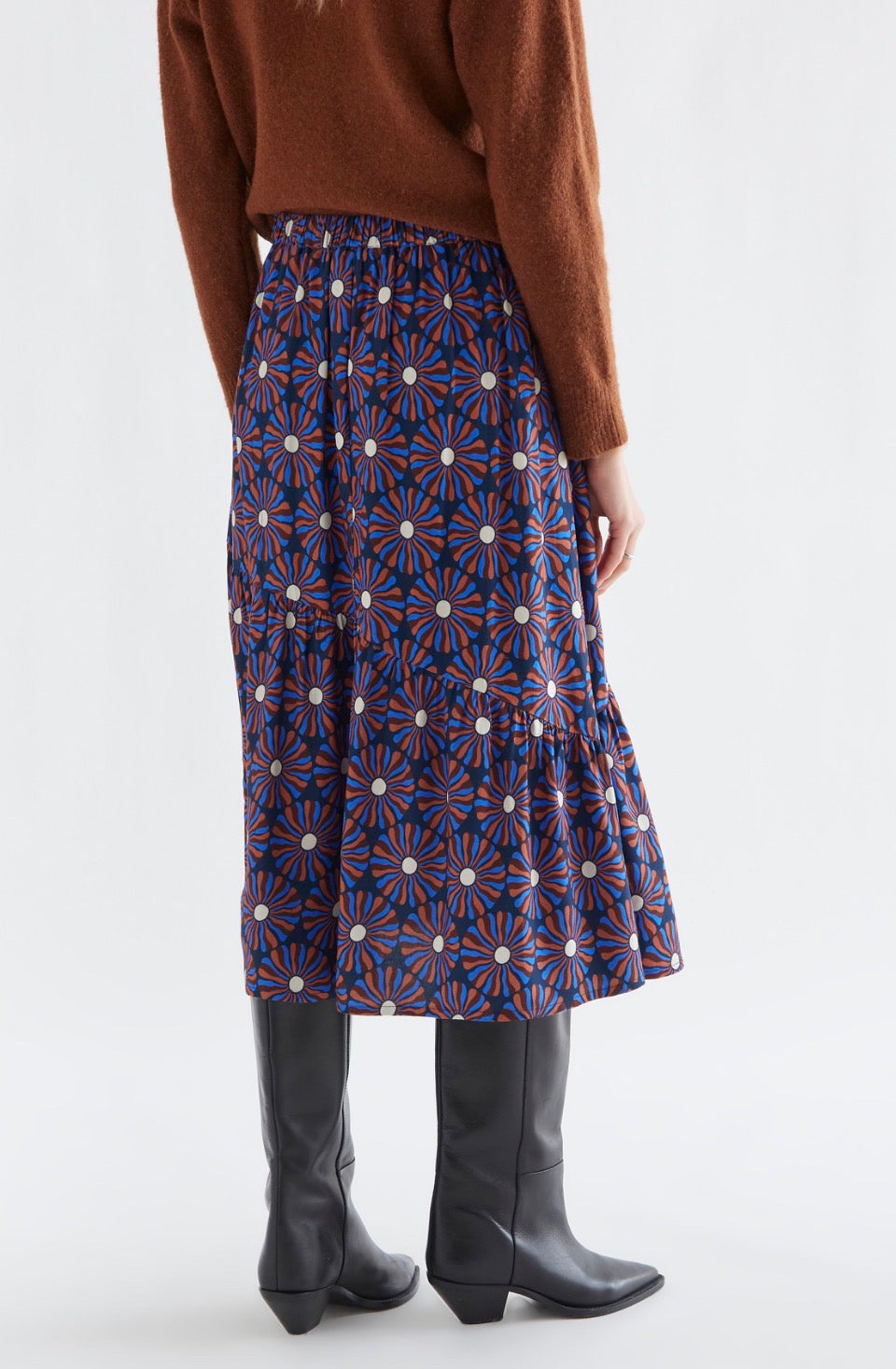 Chocolate Flower Print Midi Skirt