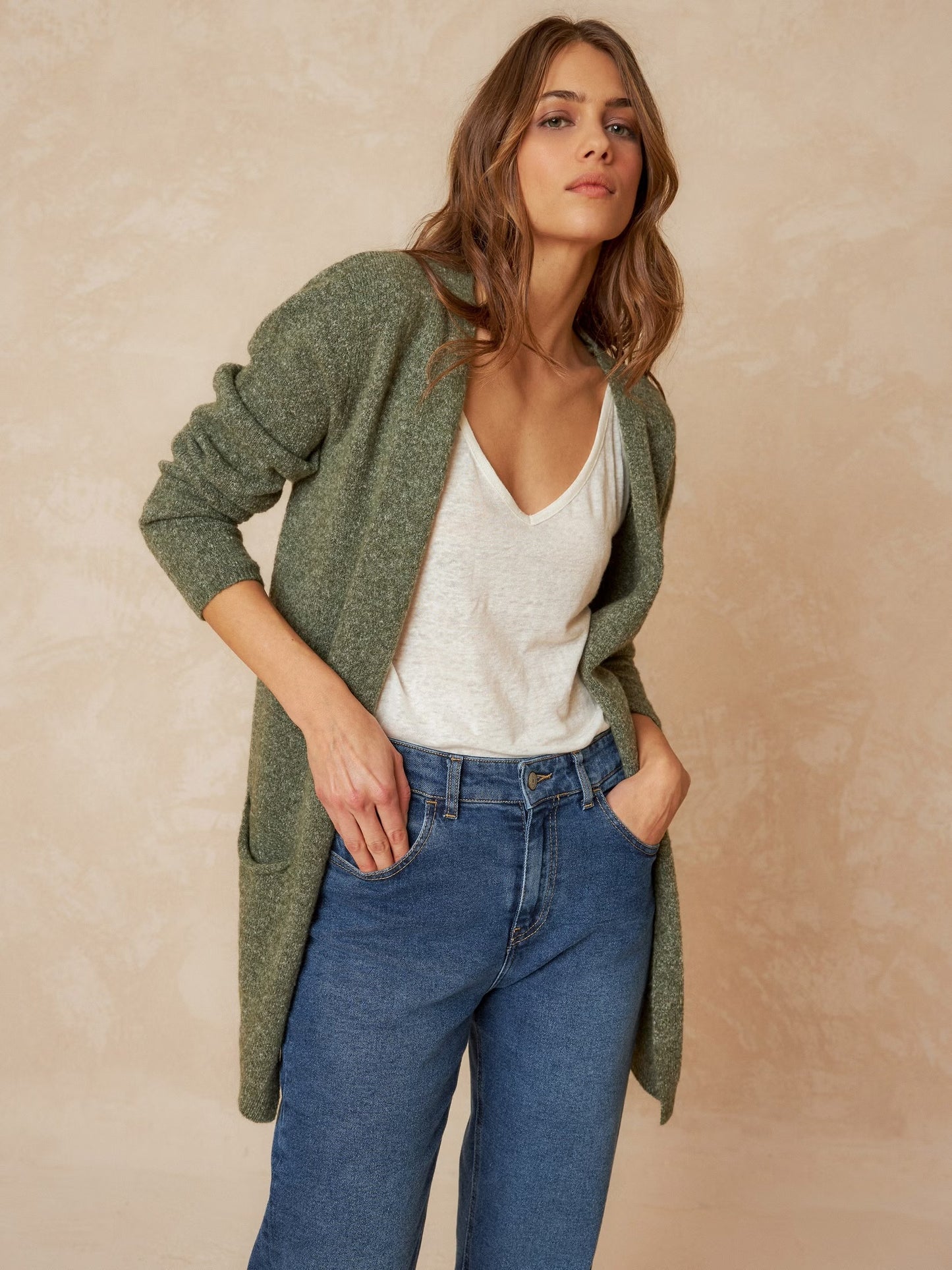 Khaki Melange Knitted Cardigan