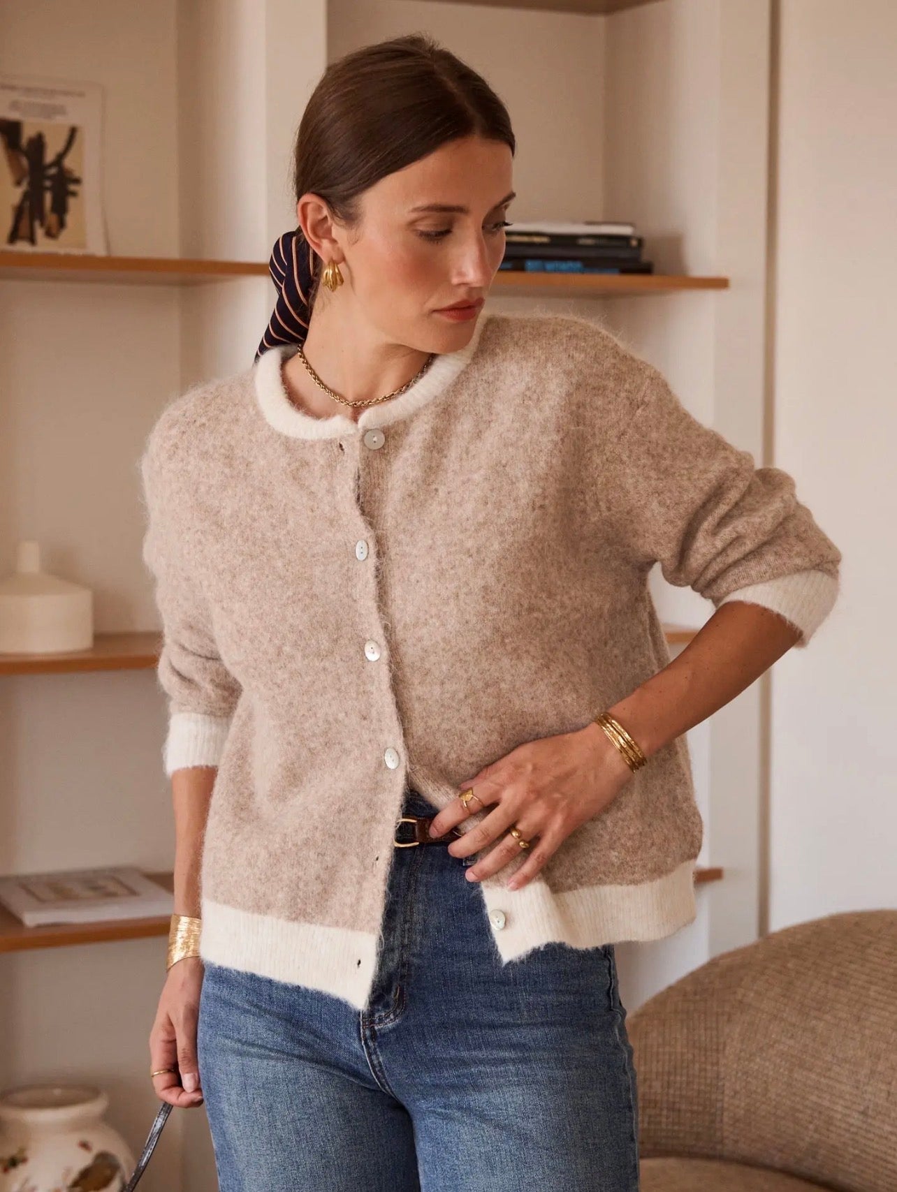 Taupe Two Tone Knitted Cardigan