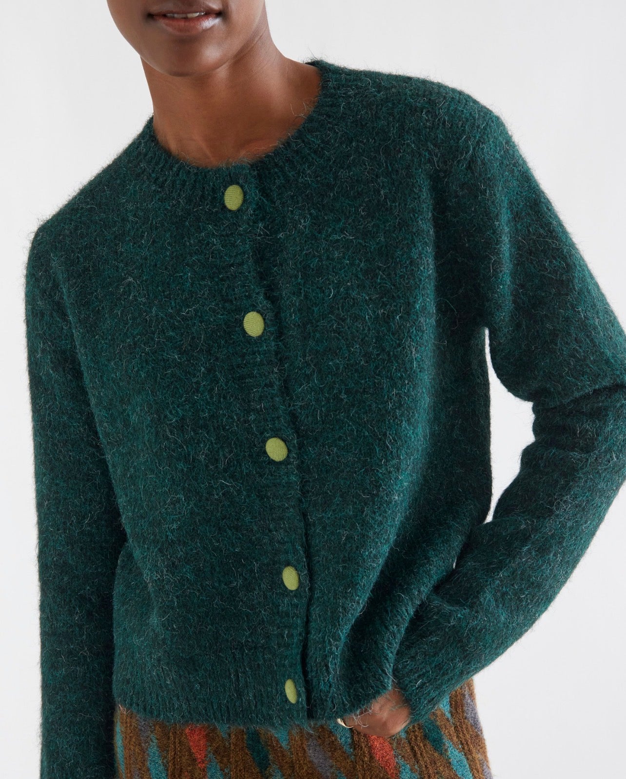 Dark Green Knit Cardigan with Light Green Buttons