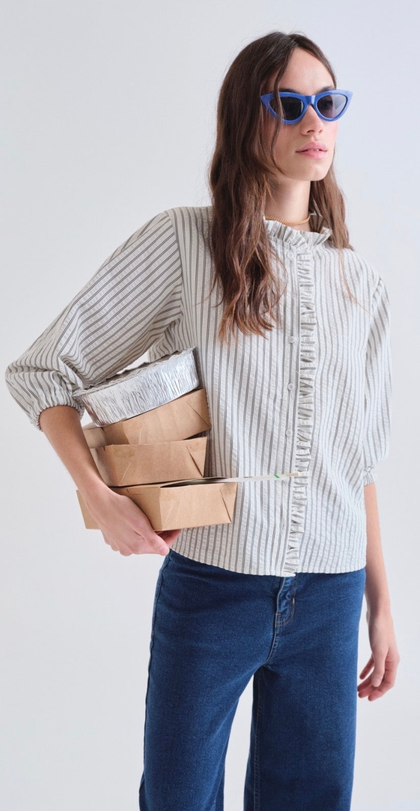 Black Striped Shirt with Ruffle Detail