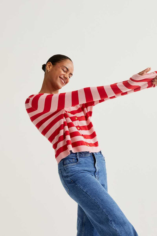 Soft Knit Cardigan With Pink And Red Striped Print