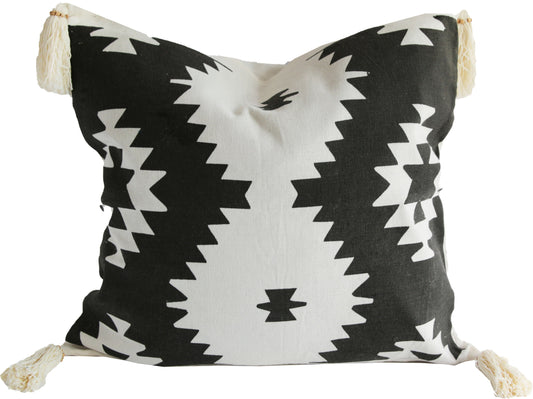 BLACK AZTEC PATTERN CUSHION WITH NATURAL TASSELS COVER