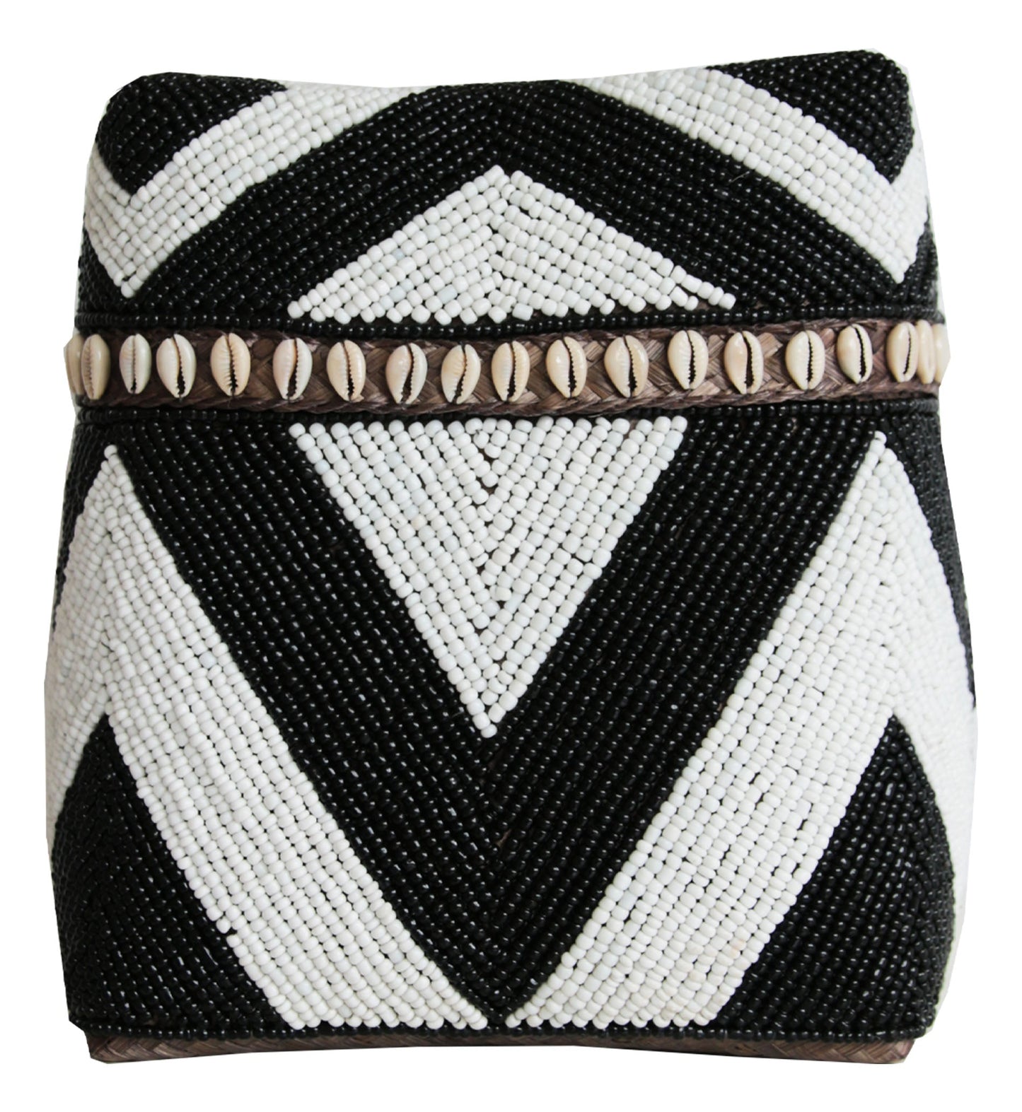 WHITE AND BLACK BEADED BOX WITH SHELLS Large