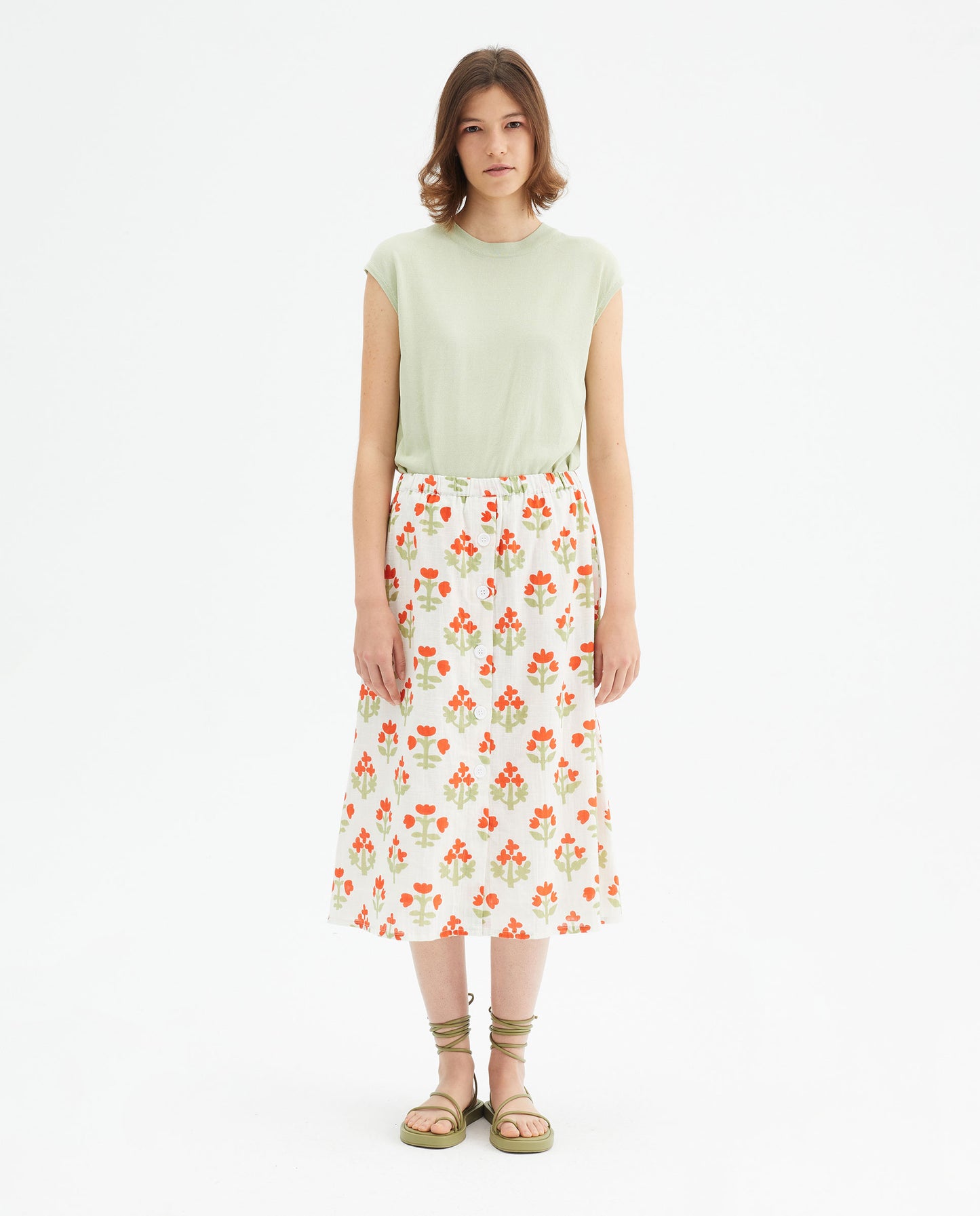 Floral Print Midi Skirt With Buttons