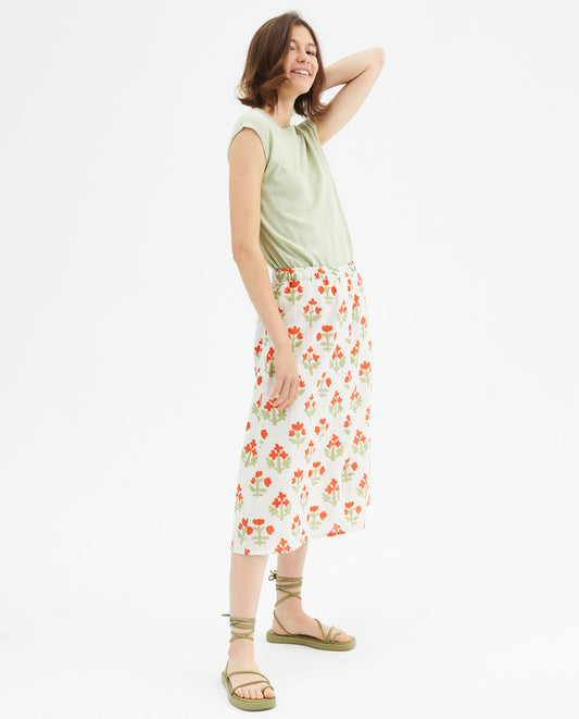 Floral Print Midi Skirt With Buttons